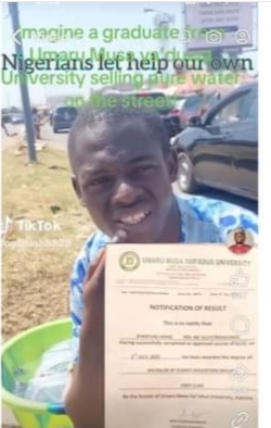 First Class Nigerian graduate sells pure water for survival begs for job First Class Nigerian graduate sells pure water for survival begs for job