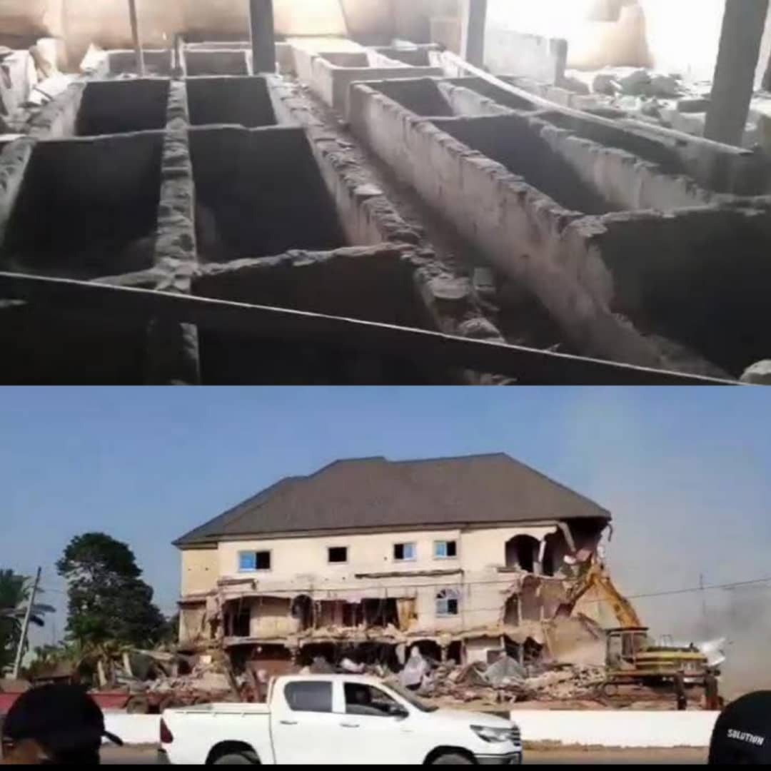 Anambra govt demolishes hotel with over 30 secret graves shrine ammunition Anambra govt demolishes hotel with over 30 secret graves shrine ammunition