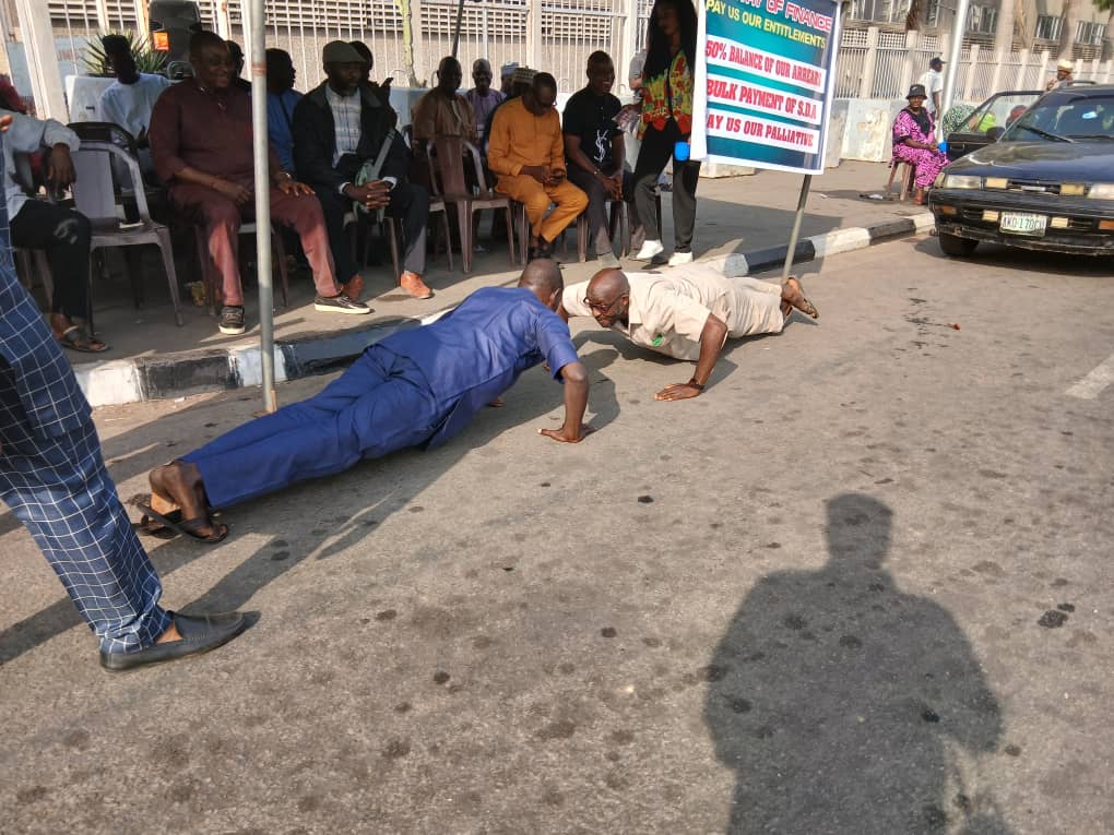 Retired military personnel protest over unpaid entitlements block finance ministry Retired military personnel protest over unpaid entitlements block finance ministry