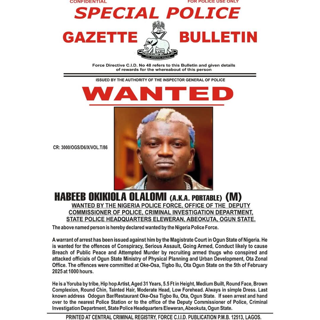 JUST IN Police declare singer Portable wanted JUST IN Police declare singer Portable wanted