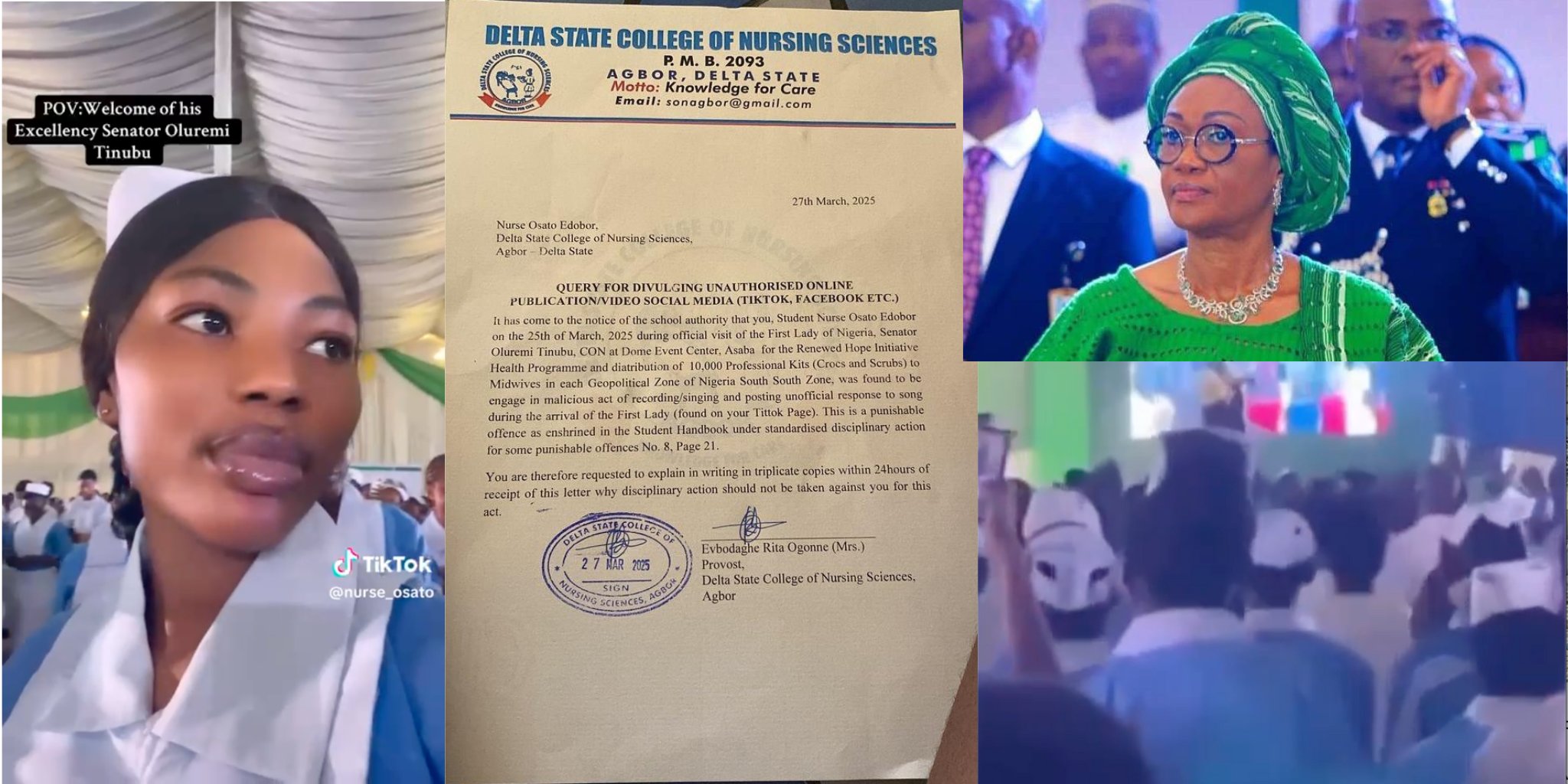 Nursing student queried over viral video reportedly mocking First Lady Nursing student queried over viral video reportedly mocking First Lady
