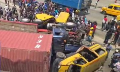  Pedestrian killed as container laden truck crashes on vehicles in Lagos 