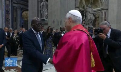  Tinubu shakes hand with Pope Leo XIV after inauguration Mass in Vatican City 