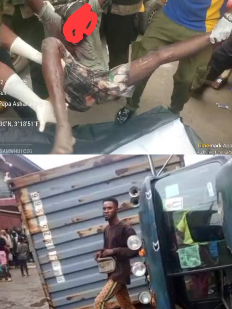 Driver killed as 40ft container truck crushes minibus in Lagos Driver killed as 40ft container truck crushes minibus in Lagos