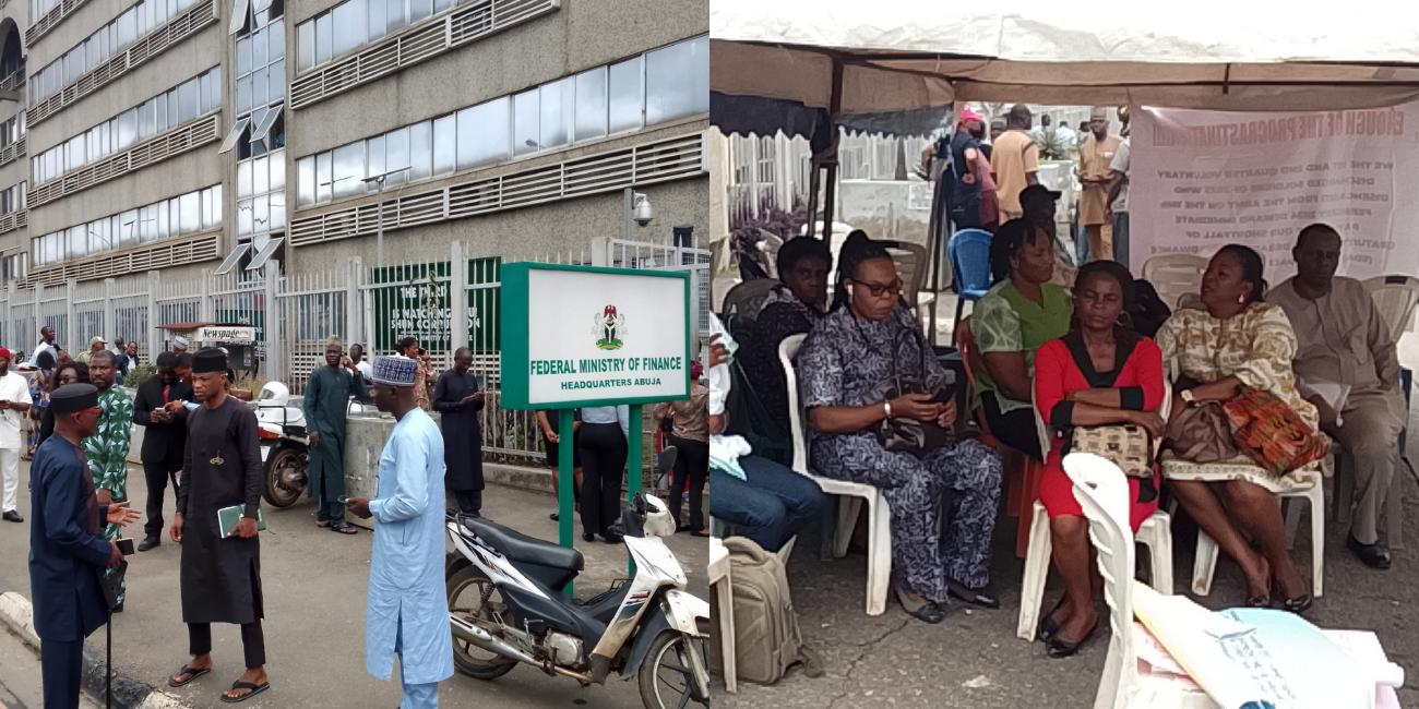JUST IN Retired soldiers protest at Ministry of Finance over unpaid entitlements JUST IN Retired soldiers protest at Ministry of Finance over unpaid entitlements