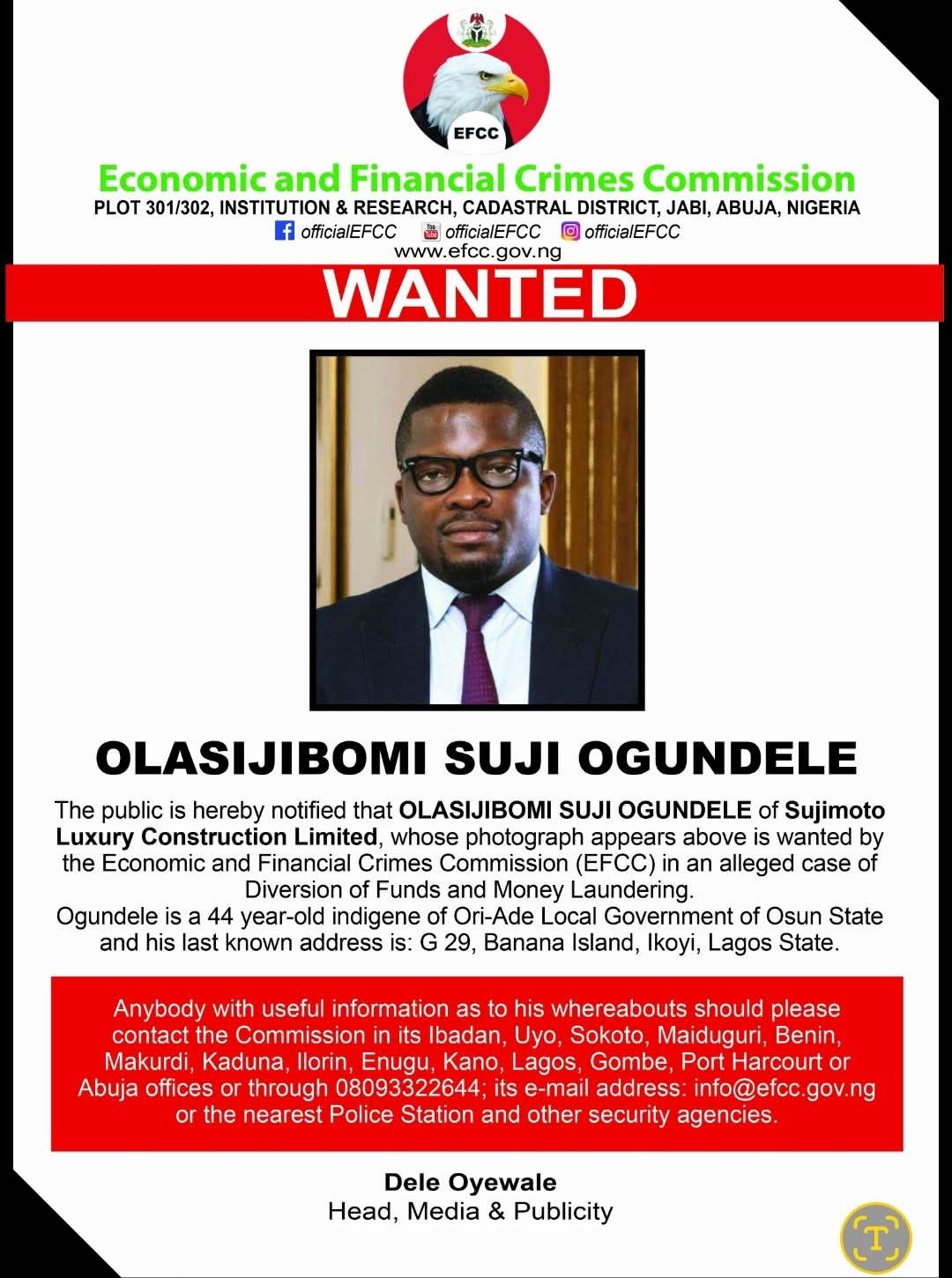 EFCC declares popular estate developer wanted gives reason EFCC declares popular estate developer wanted gives reason