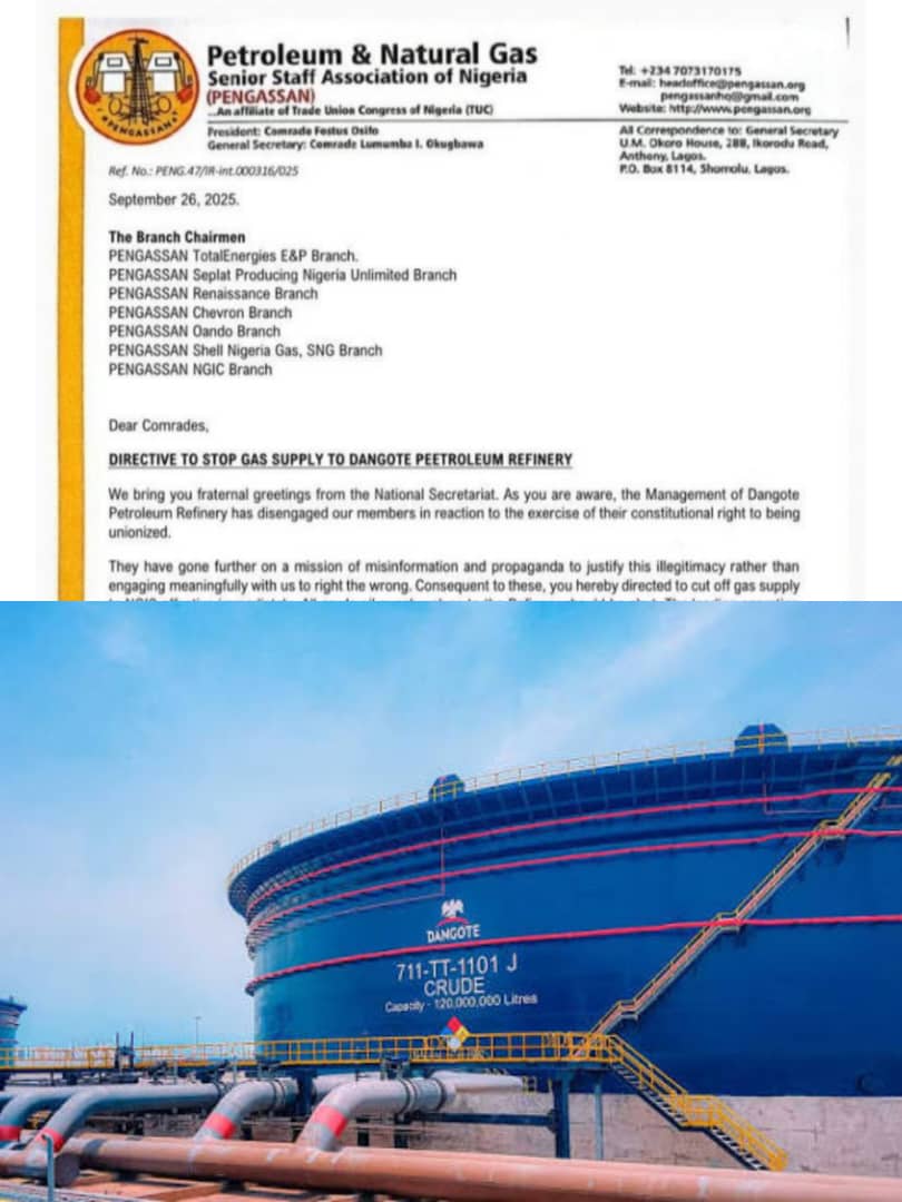  JUST IN PENGASSAN orders members to halt gas crude supply to Dangote Refinery 