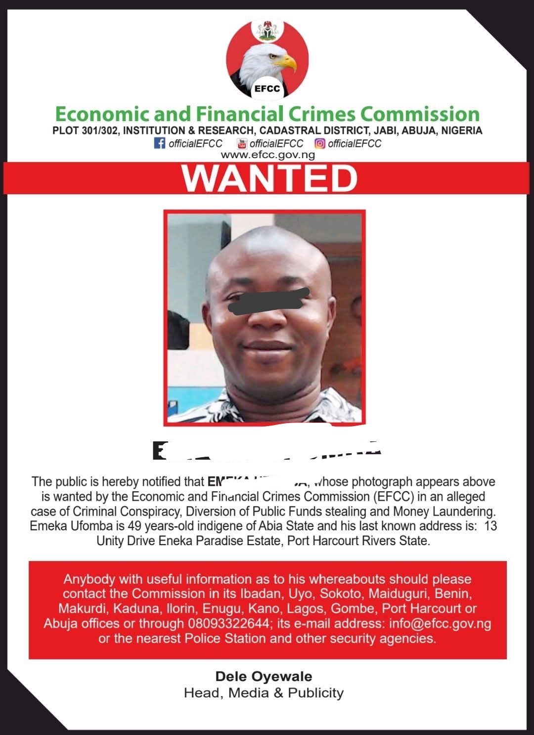 EFCC declares man wanted over alleged diversion of public funds money laundering EFCC declares man wanted over alleged diversion of public funds money laundering