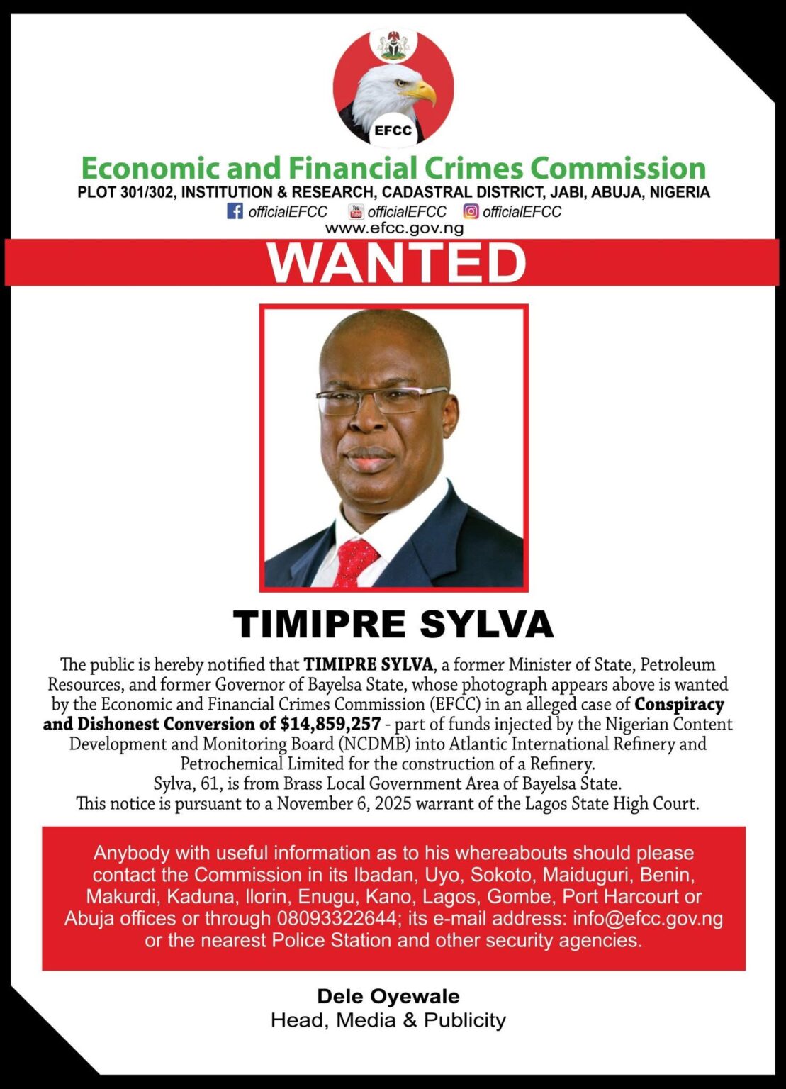  BREAKING EFCC declares Timipre Sylva wanted 