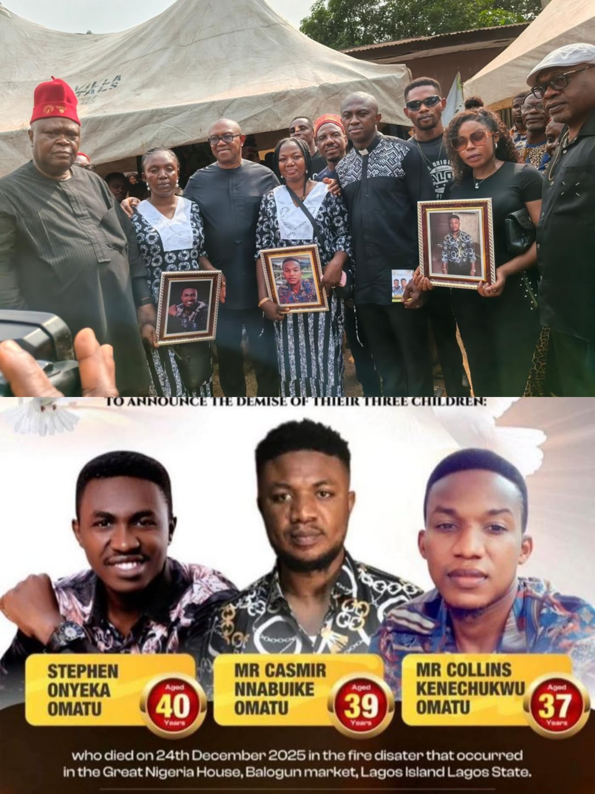  3 siblings who died in Lagos buried in Anambra as Peter Obi apportions blame 